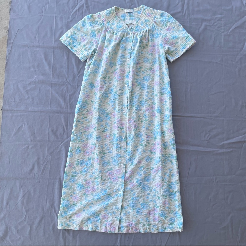 Vintage Miss Elaine Robe Womens Small Floral Seersucker Maxi Cottage Grandma GUC